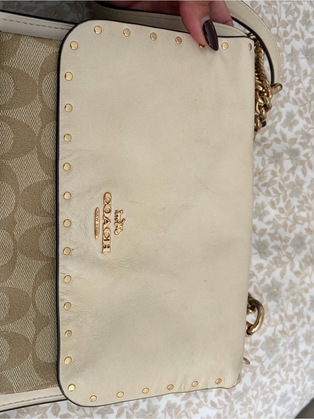 Coach Cream Leather & Signature Canvas Shoulder Bag with Gold Studs